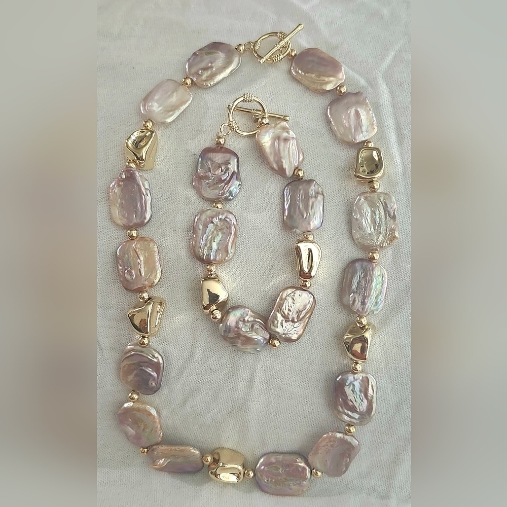 Vibrant Square Freshwater Pearl Necklace & Bracelet Set "Can Be Sold Separated" - Picture 3 of 3